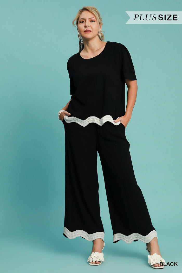 Linen Blend Round Neck Top with Scalloped Hem Set