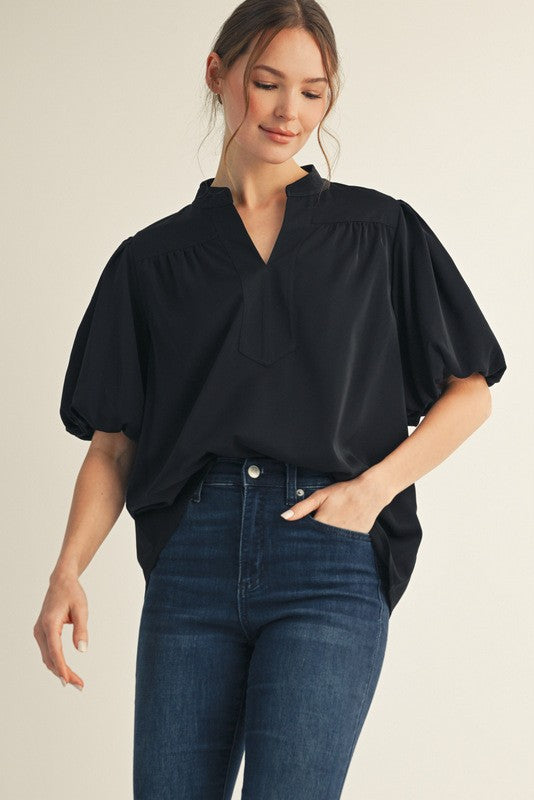 Short Puff Sleeves Mock Neck Top
