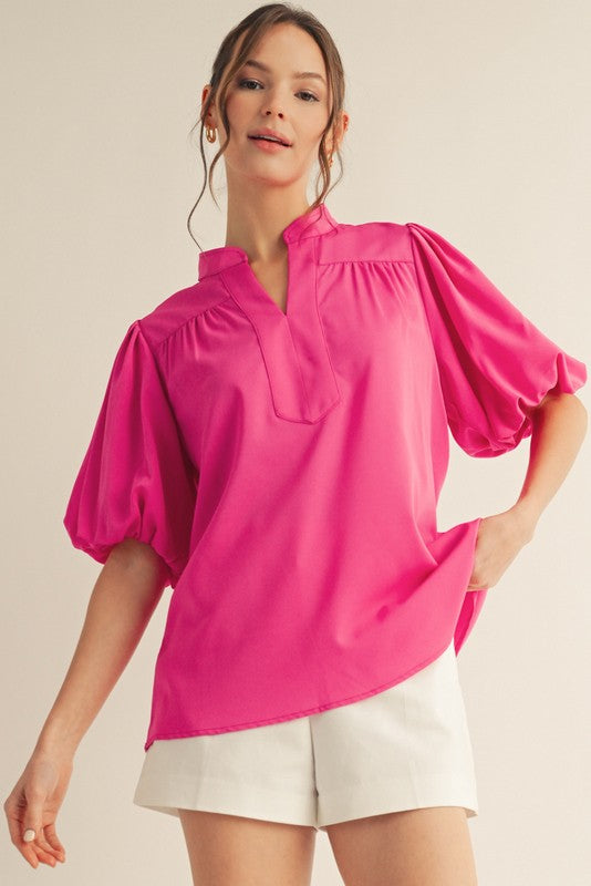 Short Puff Sleeves Mock Neck Top