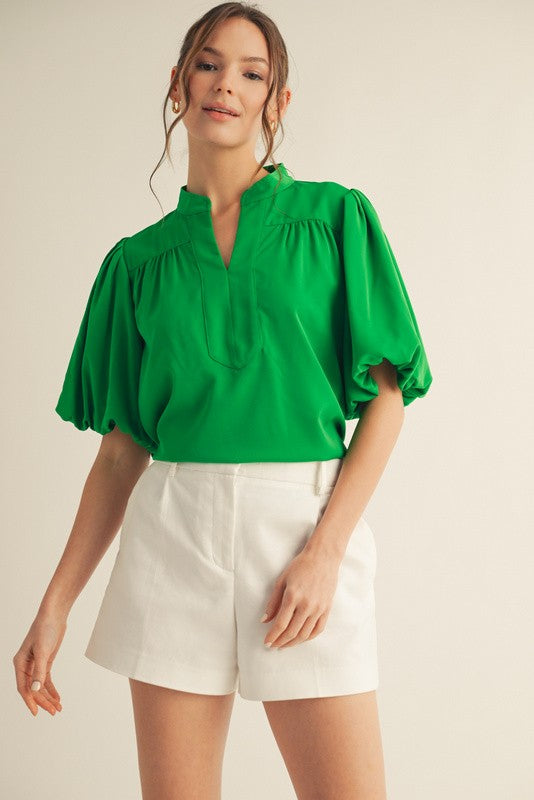 Short Puff Sleeves Mock Neck Top