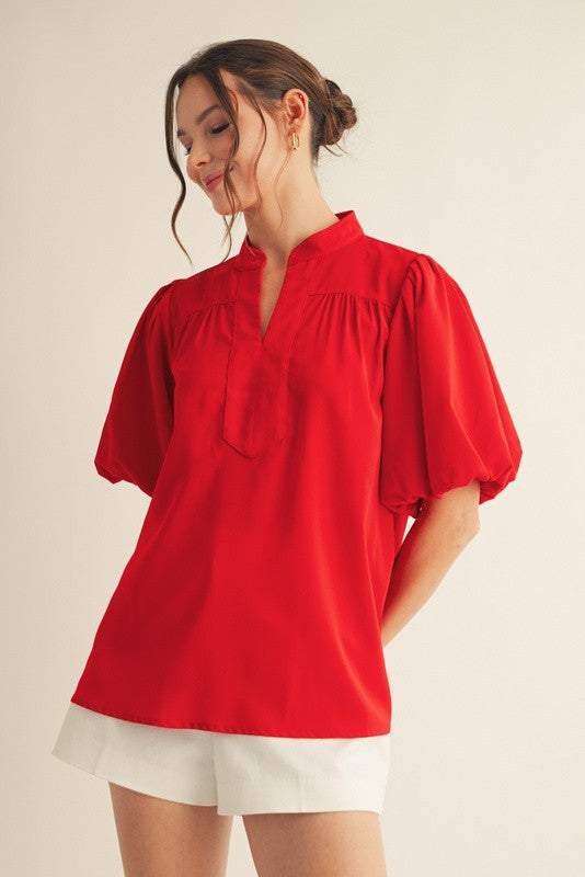 Short Puff Sleeves Mock Neck Top