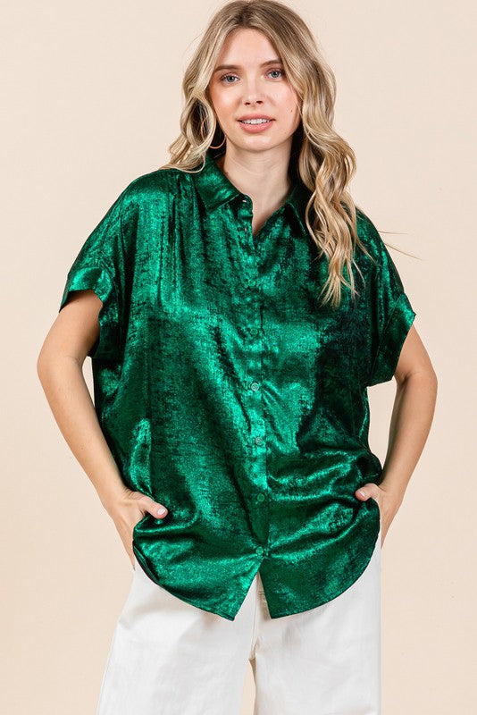 Metallic Collared Button Up Top