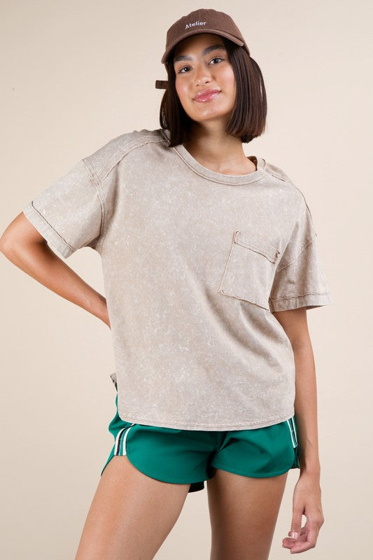 Mineral Washed Knit Top With Pocket