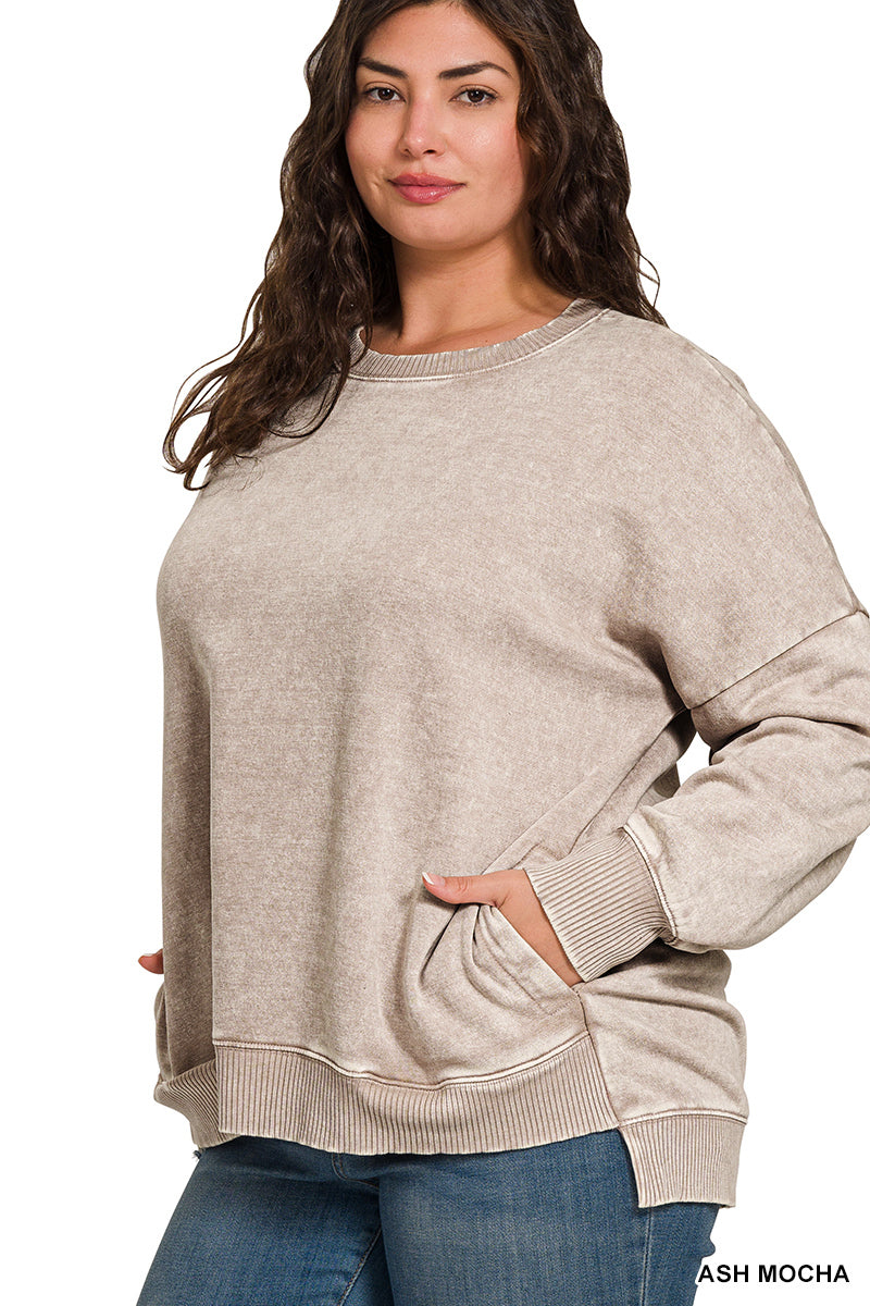 PLUS ACID WASH FLEECE HI-LOW HEM PULLOVER