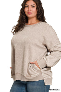 PLUS ACID WASH FLEECE HI-LOW HEM PULLOVER