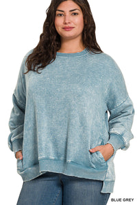 PLUS ACID WASH FLEECE HI-LOW HEM PULLOVER