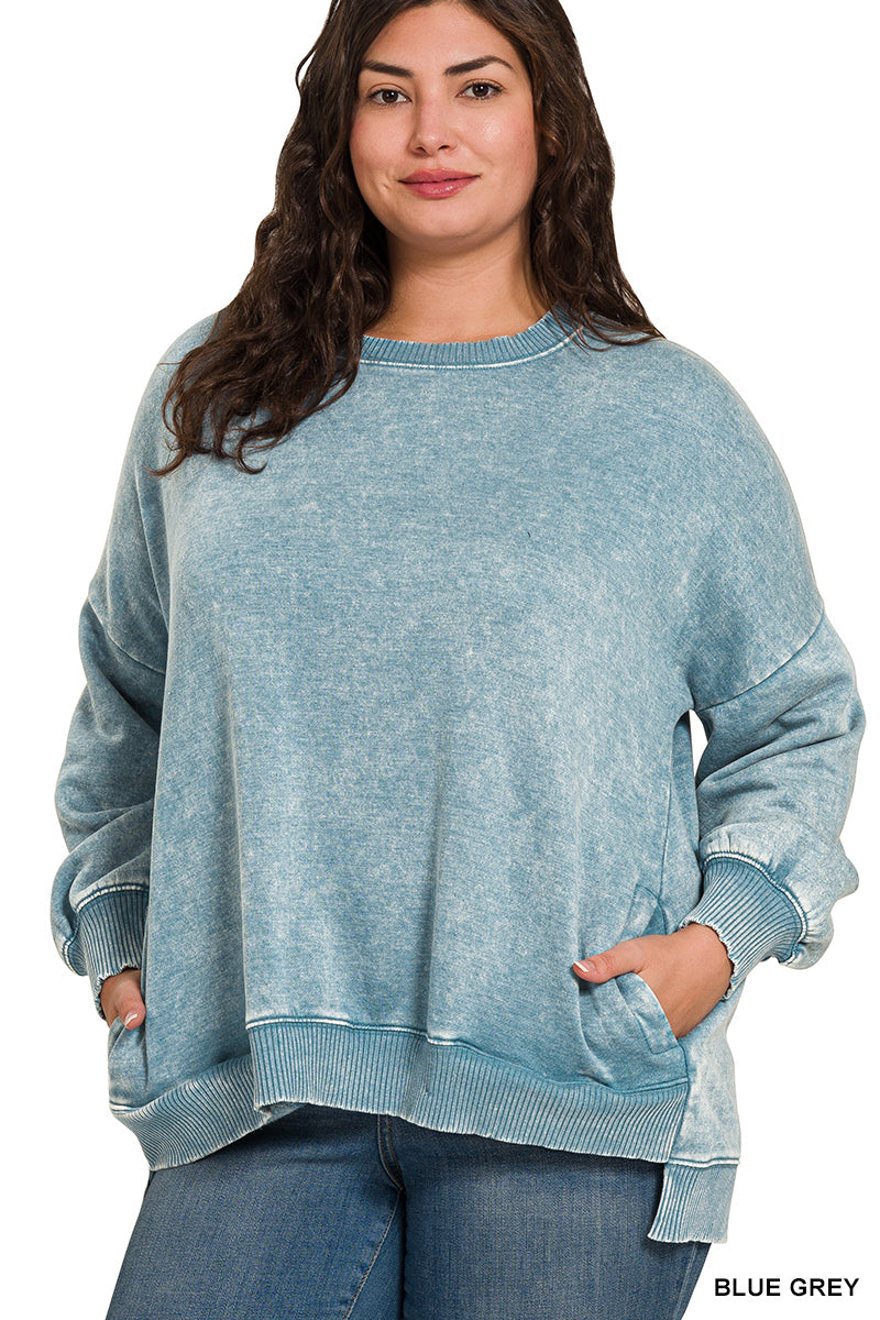 PLUS ACID WASH FLEECE HI-LOW HEM PULLOVER