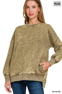 PLUS ACID WASH FLEECE HI-LOW HEM PULLOVER