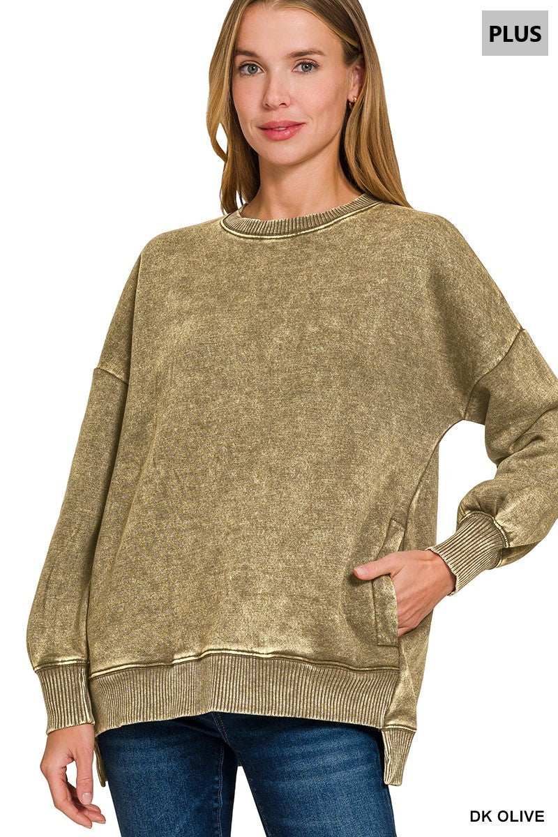 PLUS ACID WASH FLEECE HI-LOW HEM PULLOVER