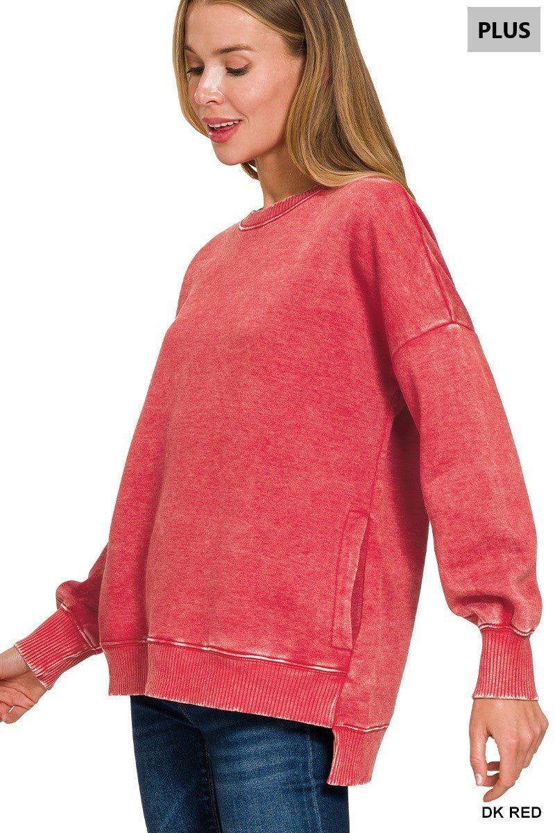 PLUS ACID WASH FLEECE HI-LOW HEM PULLOVER