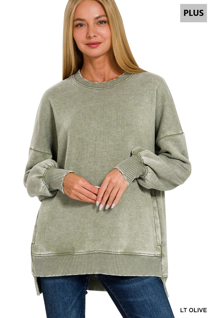 PLUS ACID WASH FLEECE HI-LOW HEM PULLOVER