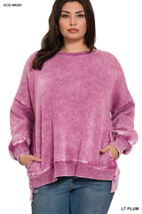 PLUS ACID WASH FLEECE HI-LOW HEM PULLOVER