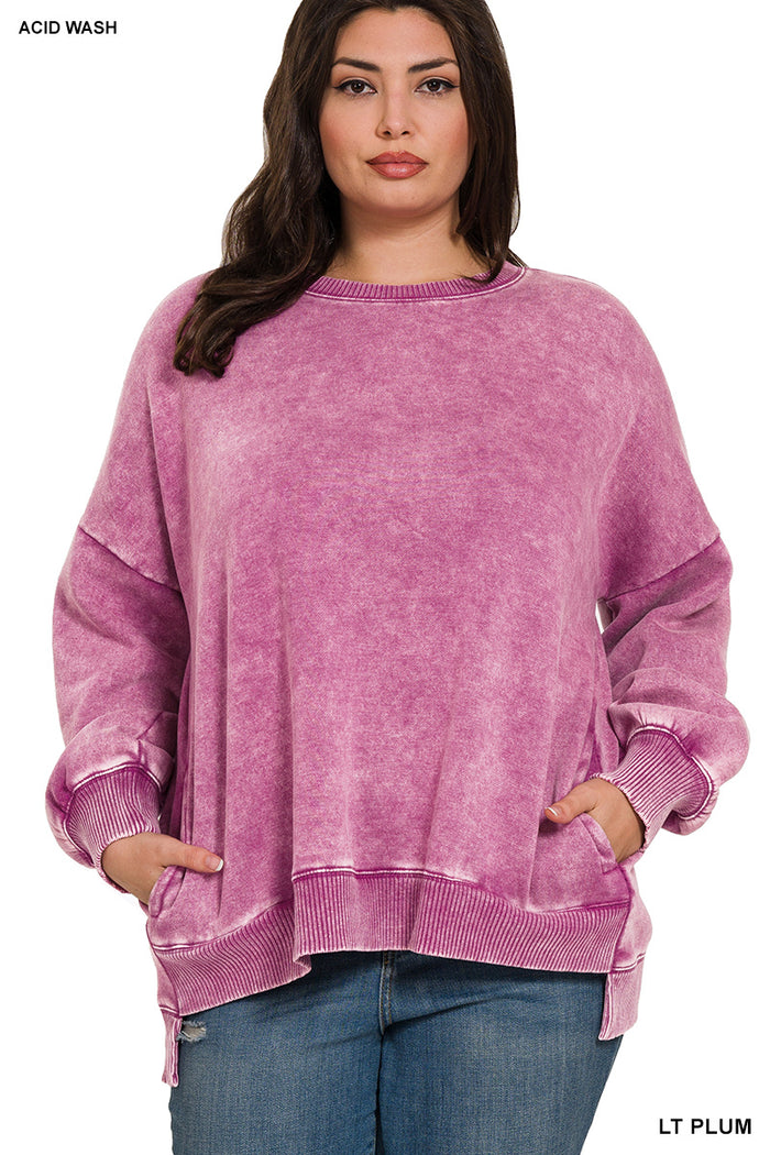 PLUS ACID WASH FLEECE HI-LOW HEM PULLOVER