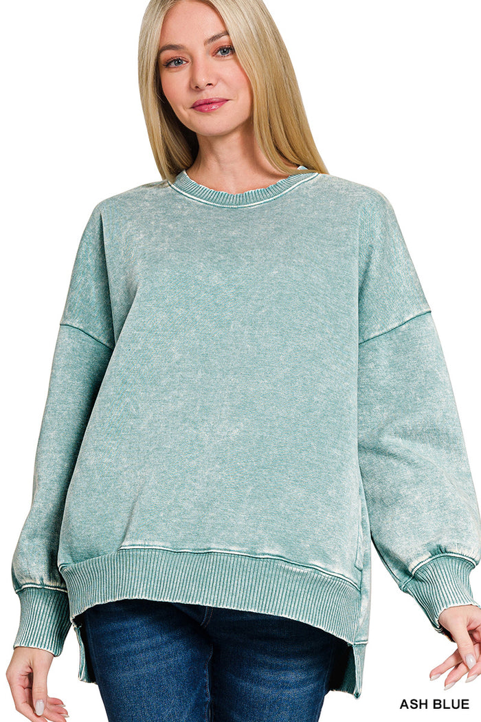 ACID WASH FLEECE HI-LOW HEM PULLOVER
