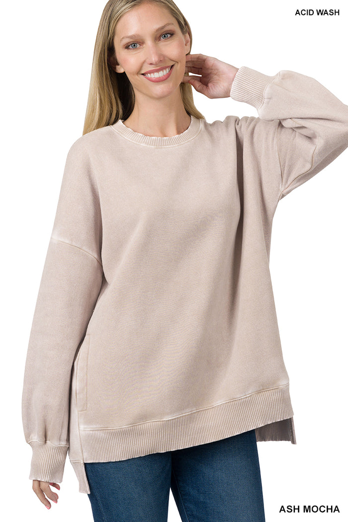 ACID WASH FLEECE HI-LOW HEM PULLOVER