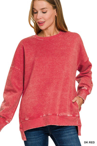 ACID WASH FLEECE HI-LOW HEM PULLOVER