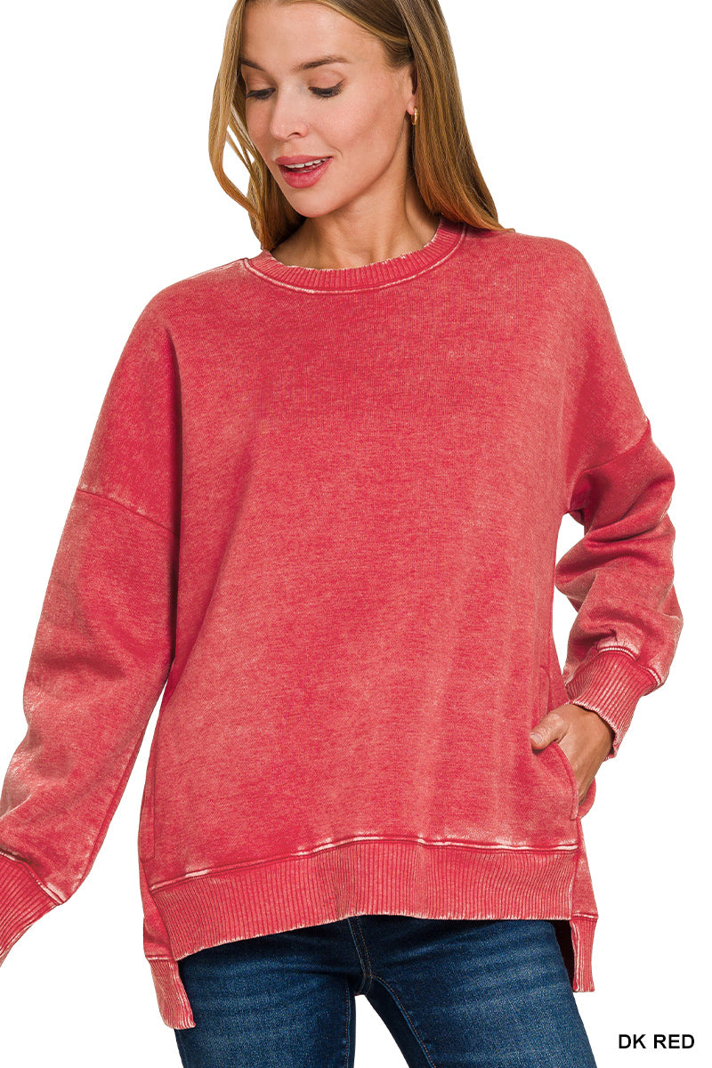ACID WASH FLEECE HI-LOW HEM PULLOVER