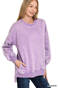 ACID WASH FLEECE HI-LOW HEM PULLOVER