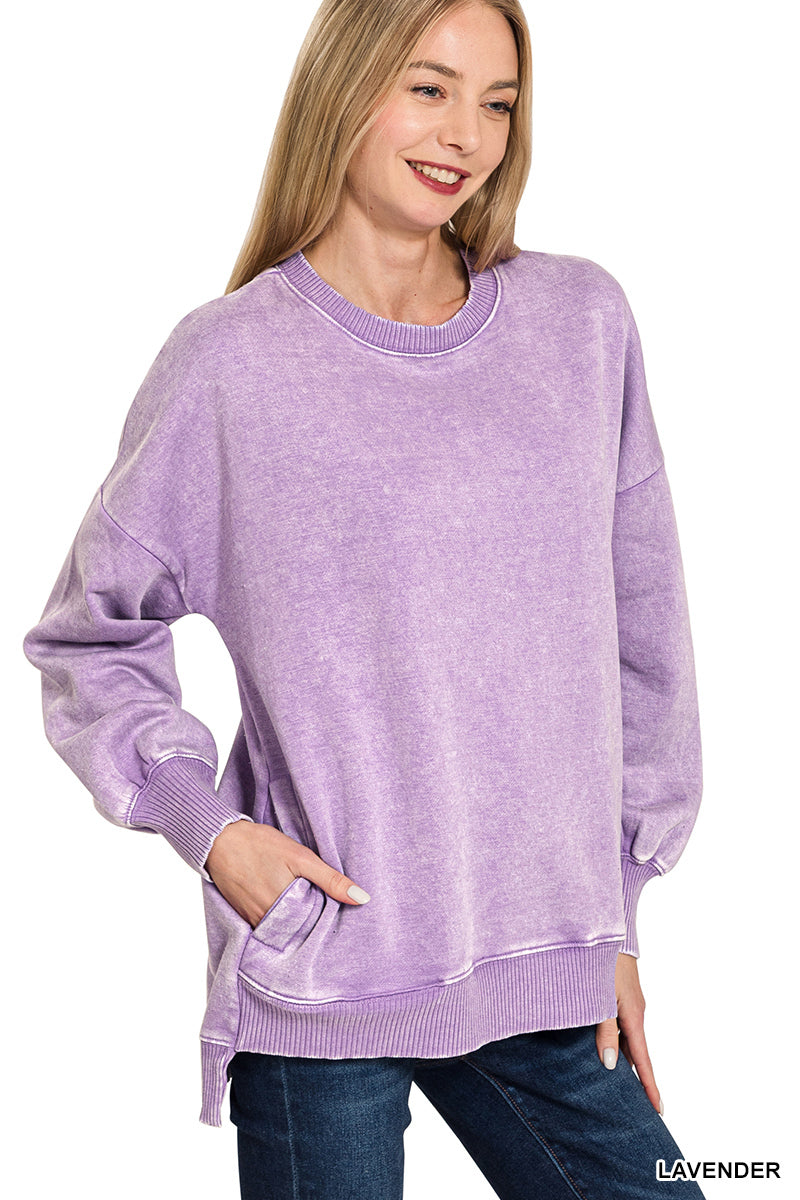 ACID WASH FLEECE HI-LOW HEM PULLOVER