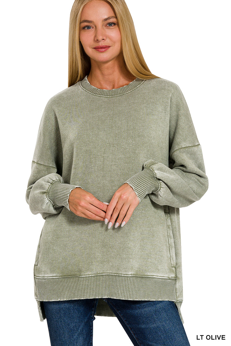 ACID WASH FLEECE HI-LOW HEM PULLOVER