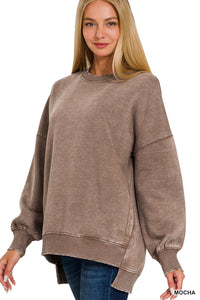 ACID WASH FLEECE HI-LOW HEM PULLOVER