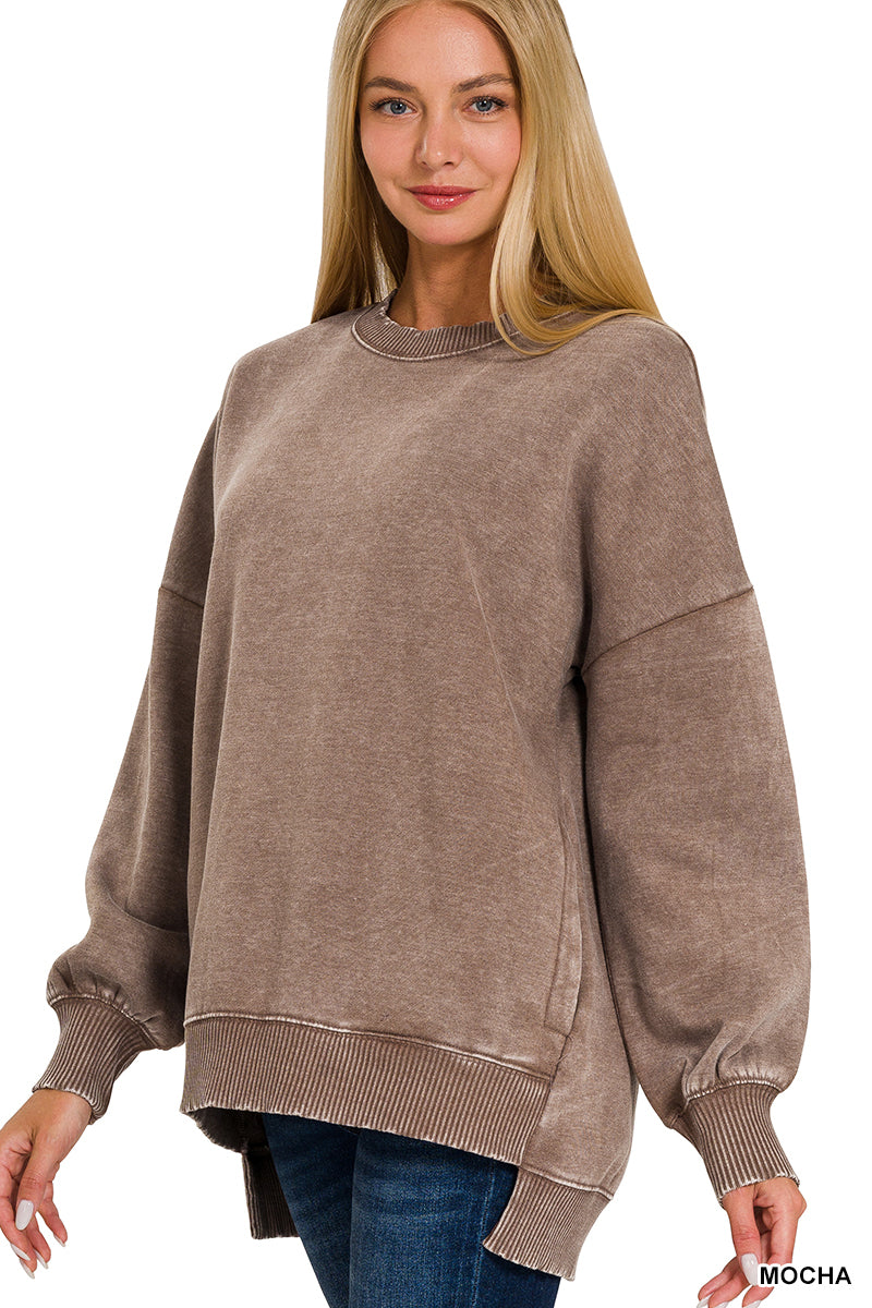 ACID WASH FLEECE HI-LOW HEM PULLOVER