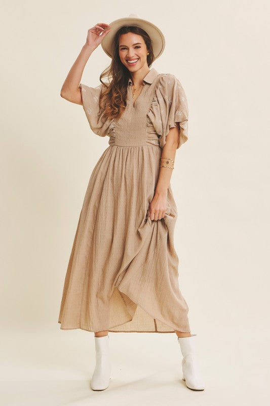 Embroidery Textured Midi Dress With Bubble Sleeves