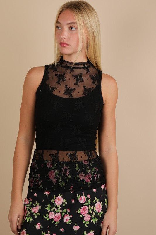 High Neck Sheer Mesh Lace Fitted Knit Top