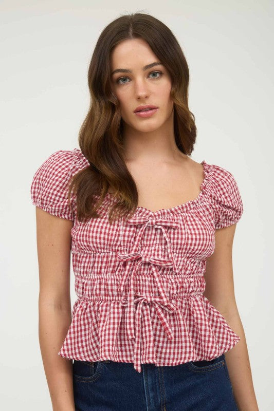 Gingham Bow Detail Shirred Waist Short Sleeve Top