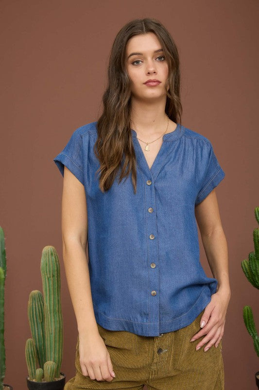 Dark Chambray Button Down Short Sleeve Top