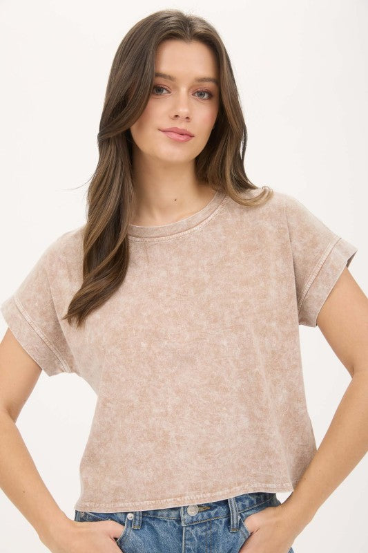 Washed Extended Shoulder Short Sleeve Knit Top