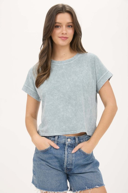 Washed Extended Shoulder Short Sleeve Knit Top