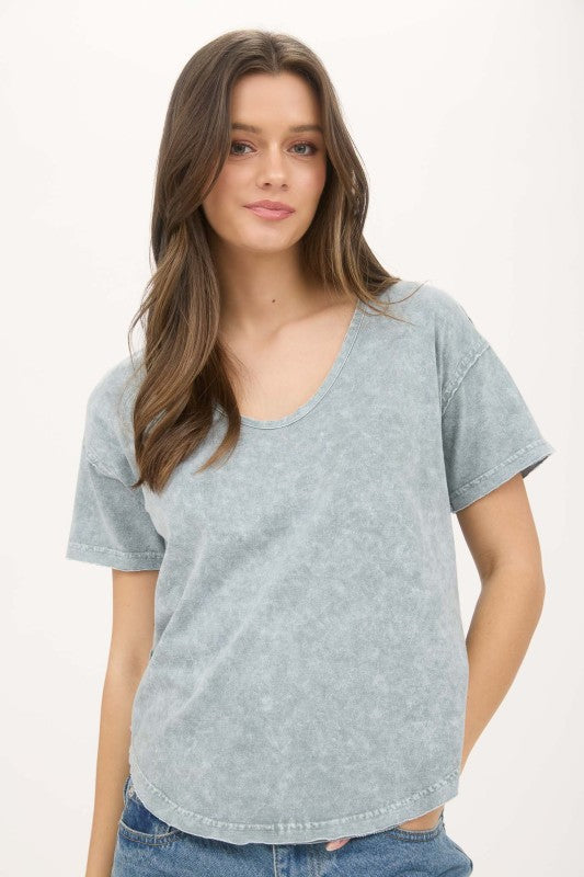 Washed Scoop Neck Short Sleeve Knit Top