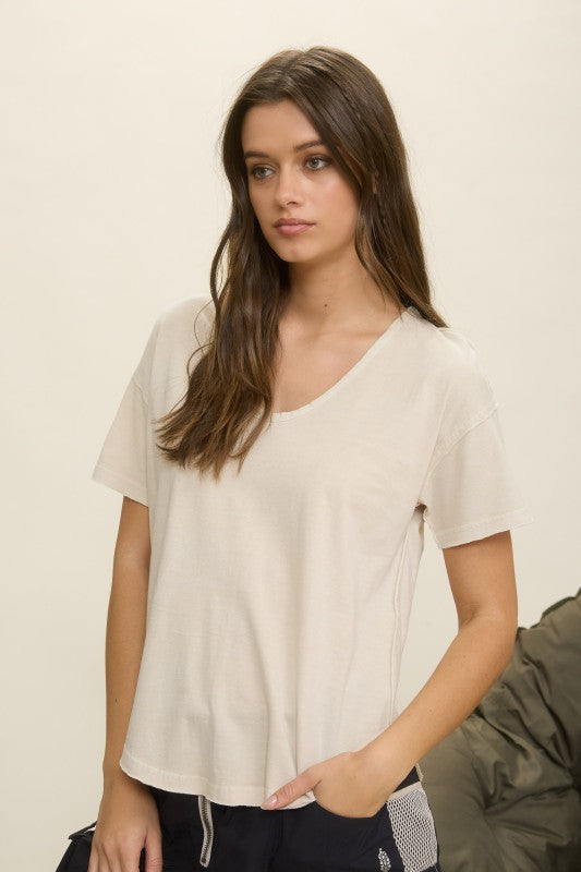 Washed Scoop Neck Short Sleeve Knit Top