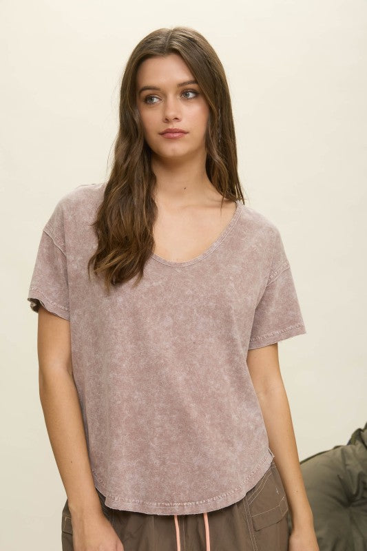 Washed Scoop Neck Short Sleeve Knit Top