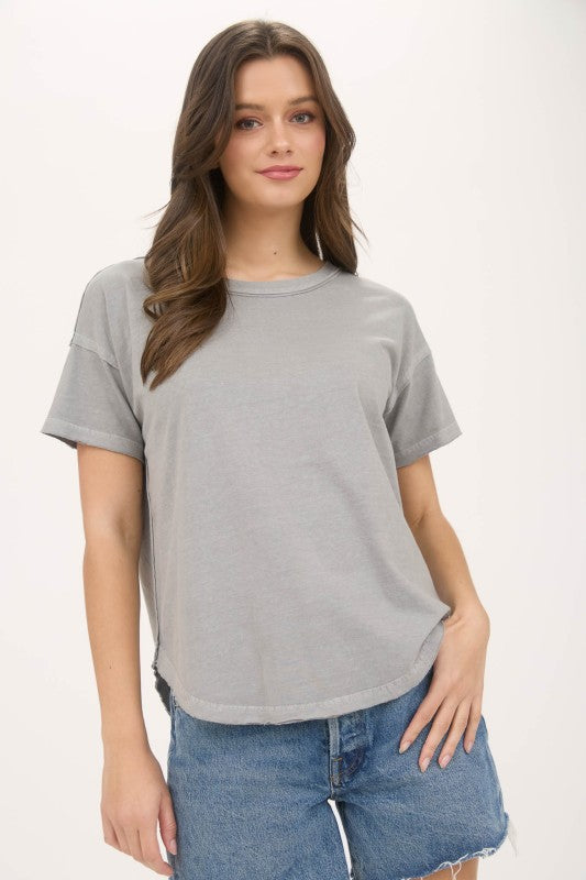 Exposed Seam Raw Edge Short Sleeve Knit Top