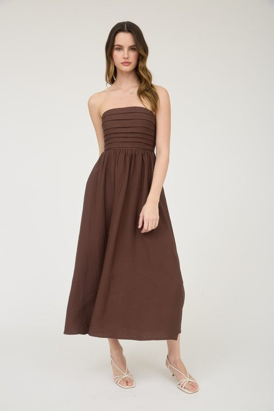 Pleated Bodice Strapless Midi Sundress