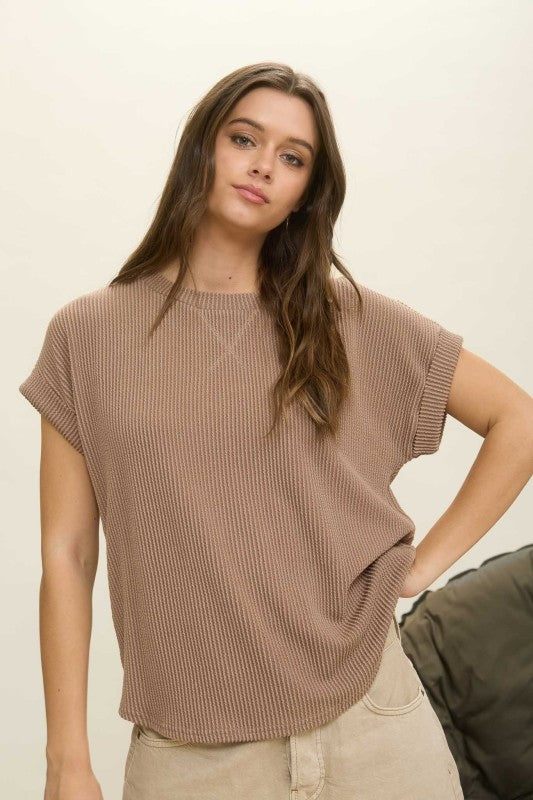 Ribbed Crew Neck Short Cuff Sleeve Knit Top