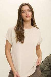 Ribbed Crew Neck Short Cuff Sleeve Knit Top