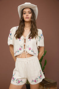 Floral Embroidery Mini Short Set