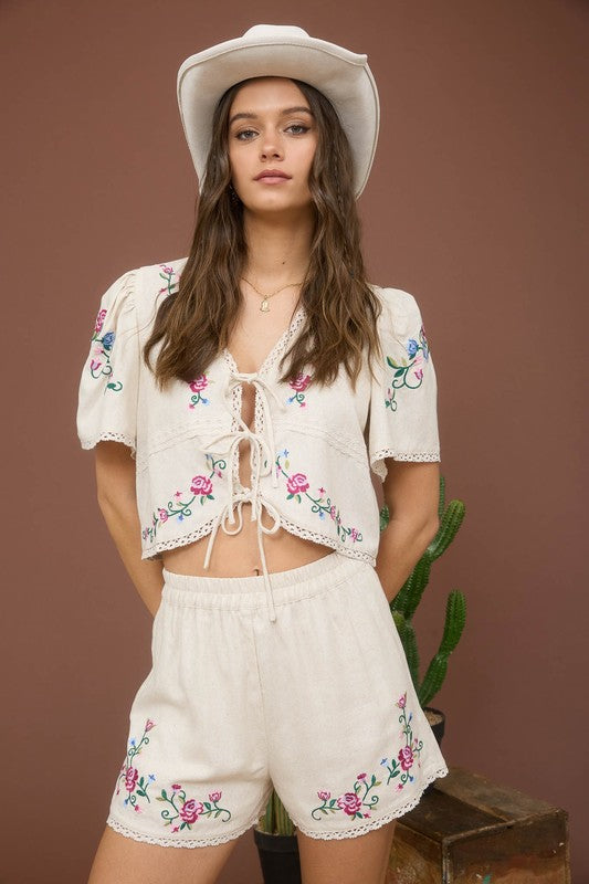 Floral Embroidery Mini Short Set