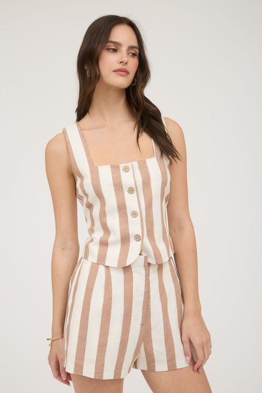 Stripe Button Down Sleeveless Linen Short Set