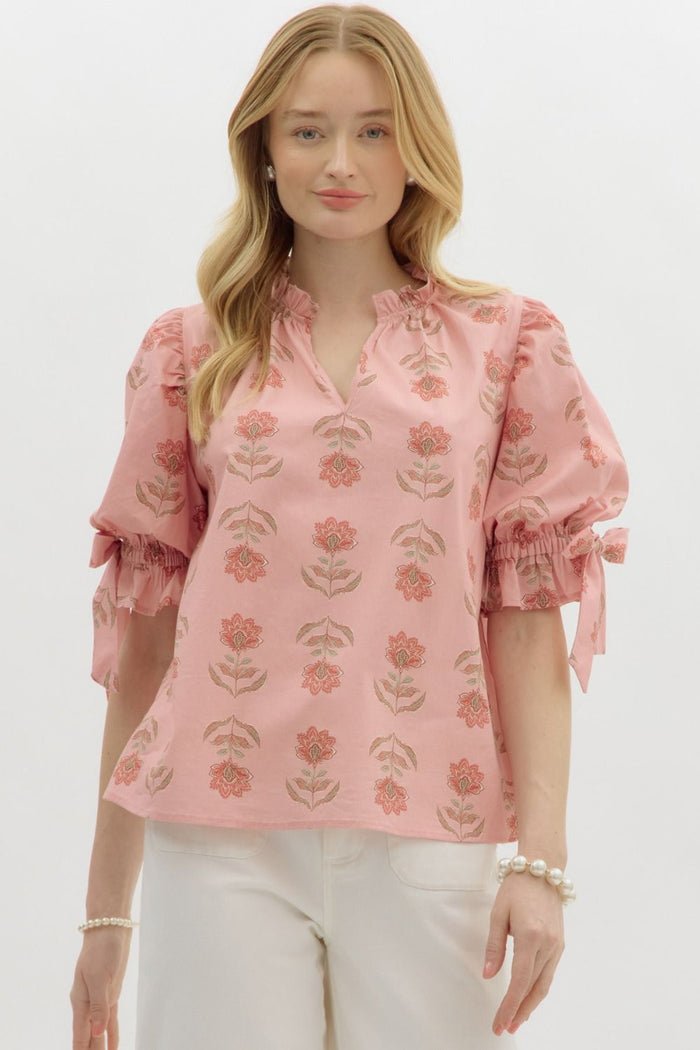 Floral print split ruffle neck pullover top