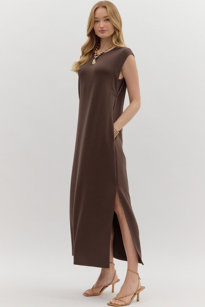 Solid jersey knit pullover midi dress