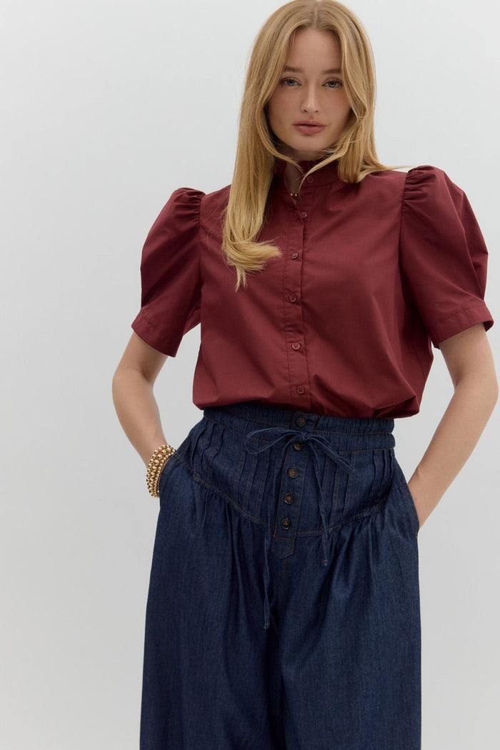 Solid puff shoulder short sleeve button front
