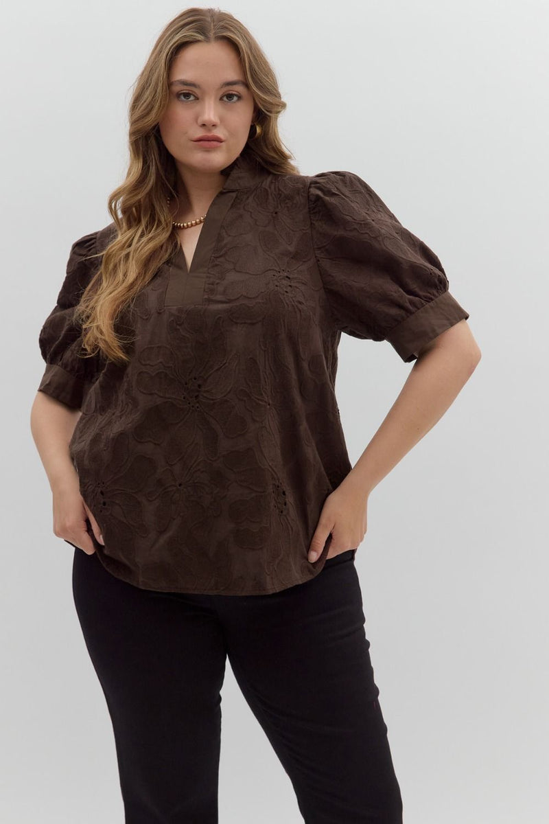 Plus Floral embroidered short puff sleeve