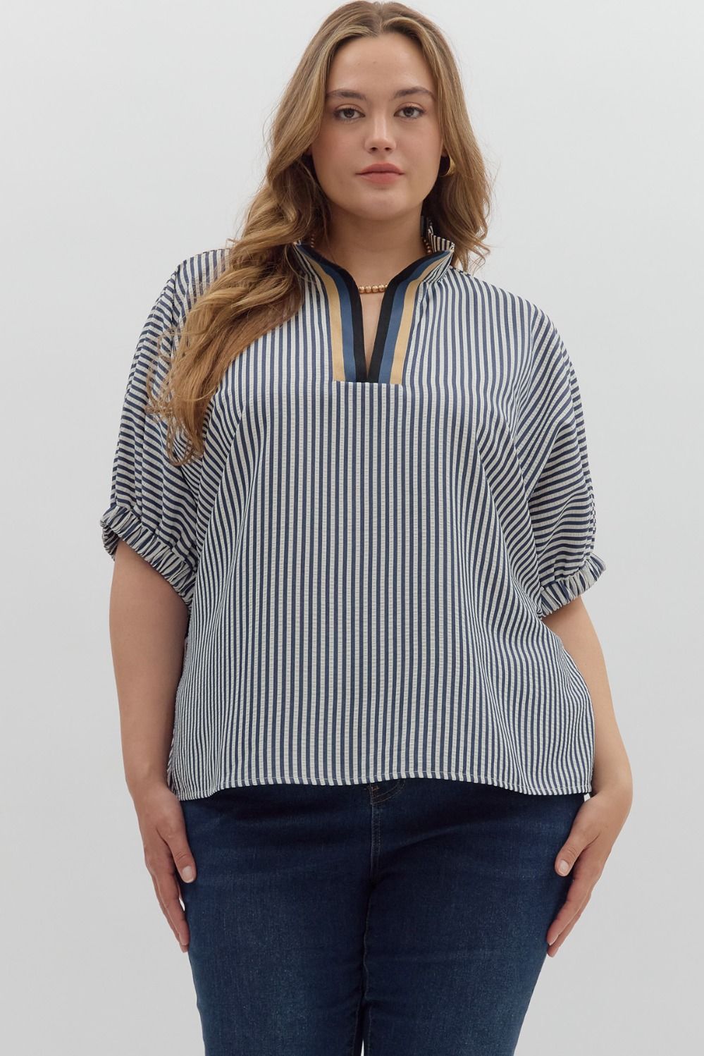 Plus Stripe pattern high neck elasticated sleeve