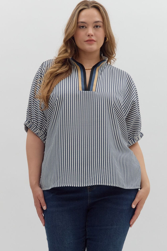 Plus Stripe pattern high neck elasticated sleeve