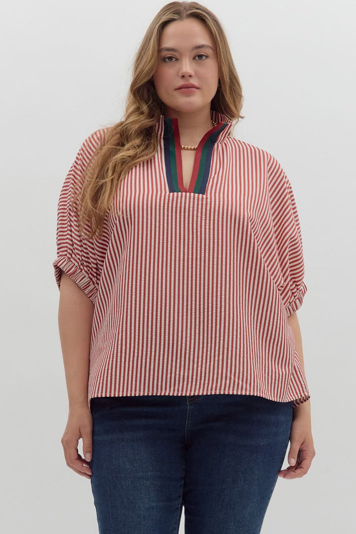 Plus Stripe pattern high neck elasticated sleeve