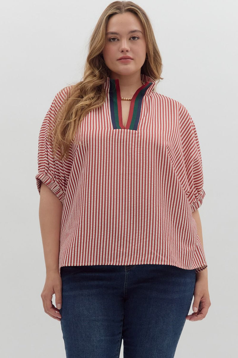 Plus Stripe pattern high neck elasticated sleeve